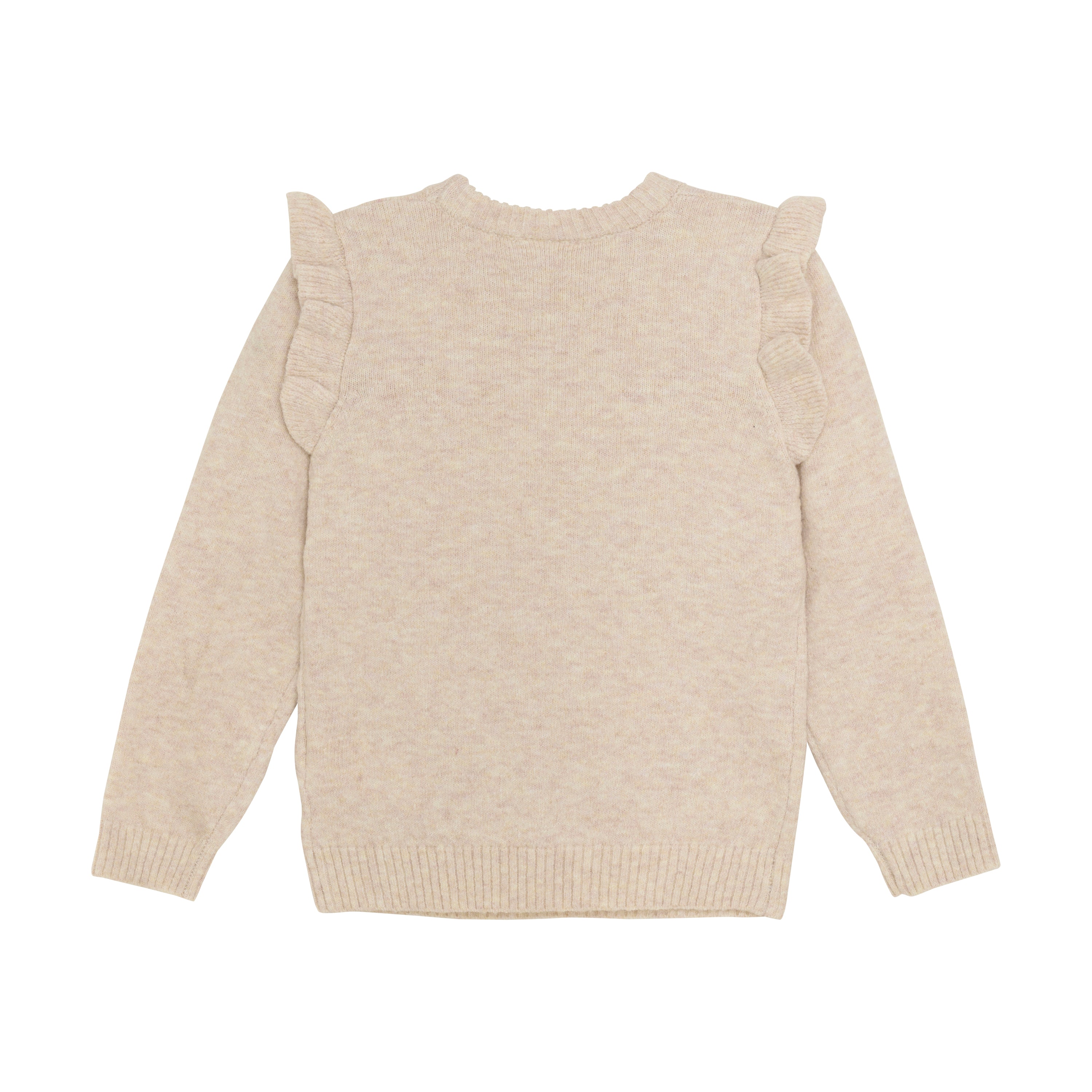 Der Minymo Pullover (Kopie) der Marke Minymo wird flach liegend präsentiert, sodass seine Rückseite zu sehen ist. Dieser cremefarbene, langärmelige Pullover weist Rüschendetails an den Schultern auf. Der GOTS-zertifizierte Pullover hat einen gerippten Halsausschnitt, Bündchen und Saum mit einer Textur, die weich und gemütlich wirkt.