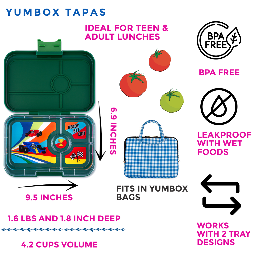 Auslaufsichere Yumbox Tapas Greenwich Green - 4-Fächer- mit Rennwagen - grosse Grösse - nila kids