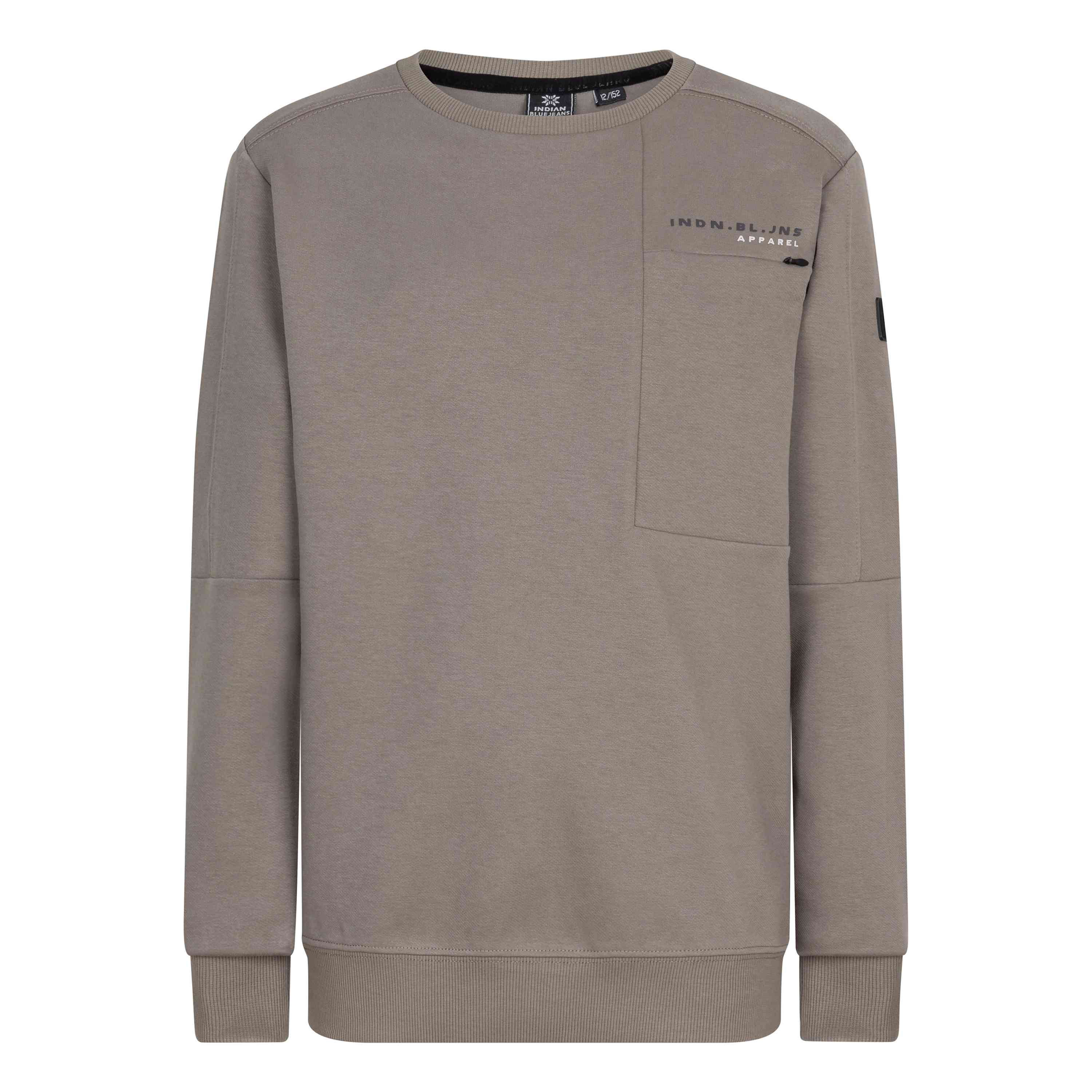 Wir präsentieren den Indian Blue Jeans - Pullover Cut & Sew Fancy: Ein beiges Langarm-Sweatshirt mit Rundhalsausschnitt und gerippten Bündchen. Es verfügt über eine kleine Brusttasche auf der linken Seite und ein dezentes Branding auf der oberen Brust, perfekt für einen minimalistischen und lässigen Look.