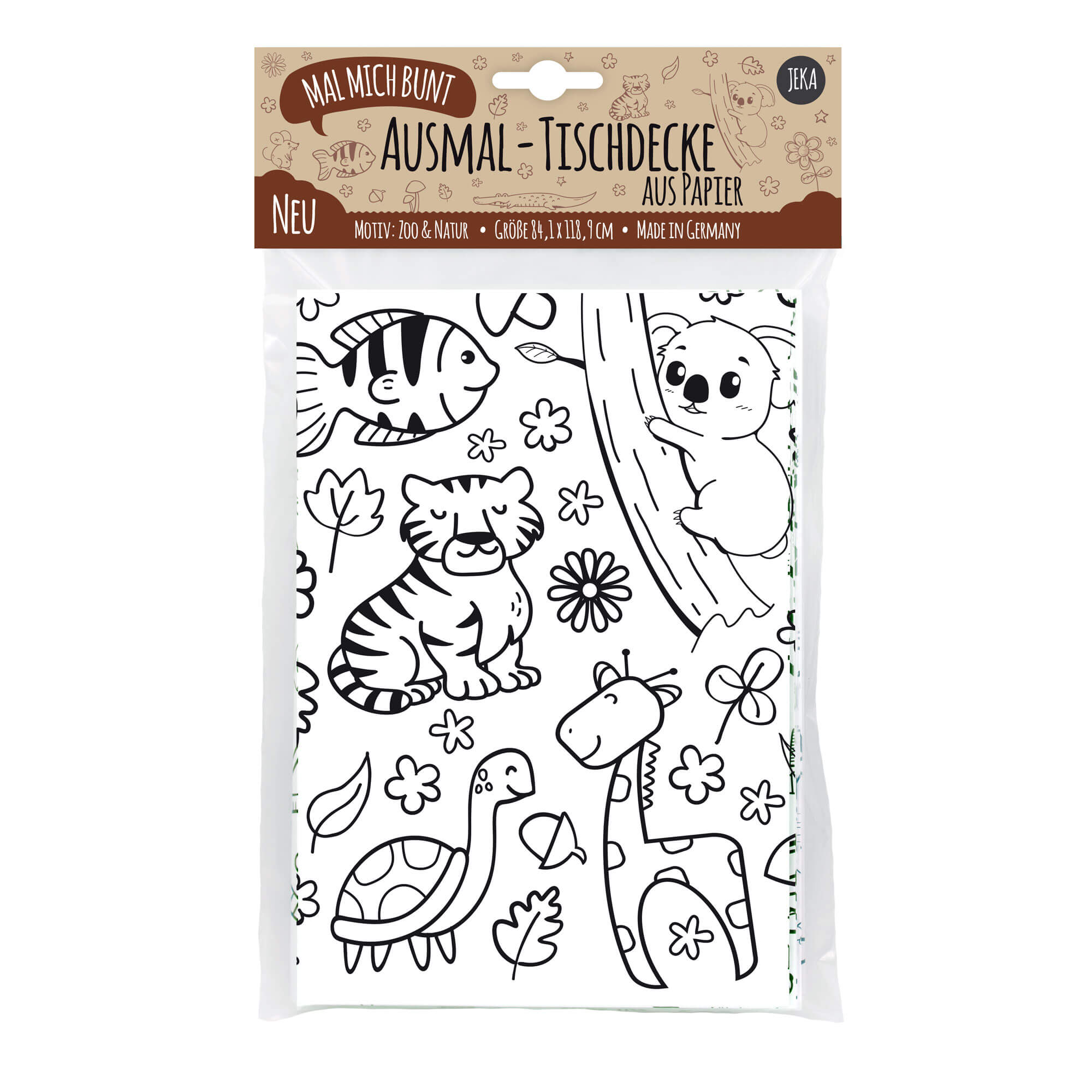 Bild einer Verpackung „Malmichbunt – Ausmal-Tischdecke aus Papier Motiv Zoo“. Auf der Verpackung ist eine Illustration mit verschiedenen Tieren (Fisch, Tiger, Koala, Schildkröte, Giraffe) zu sehen sowie der Aufschrift „Mal Mich Bunt“ und „Ausmal-Tischdecke aus Papier“. Dieses Produkt von Malmichbunt fördert eine nachhaltige Forstwirtschaft.