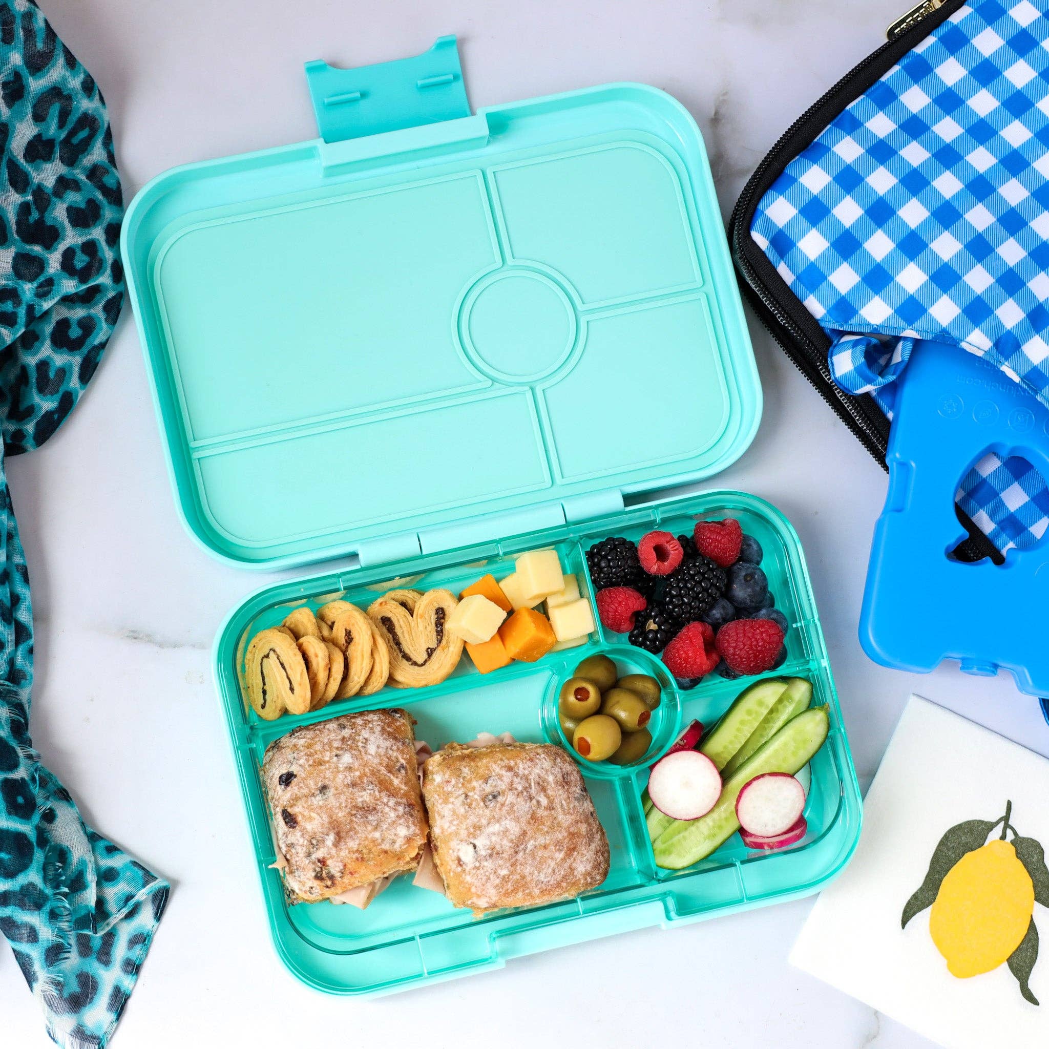 Auslaufsichere Bento-Box Tapas mit 5 Fächern und transparentem Bali Aqua – extra gross - nila kids
