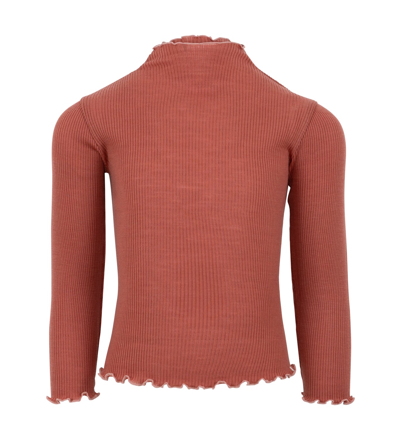 Ein langärmliger, gerippter Thermo-Rollkragenpullover von Minimalisma in Rostfarbe mit gerüschten Kanten an den Bündchen und am Saum. Das Langarmshirt (Kopie) von Minimalisma ist auf einem schlichten weißen Hintergrund abgebildet, wodurch seine Struktur und Details hervorgehoben werden.