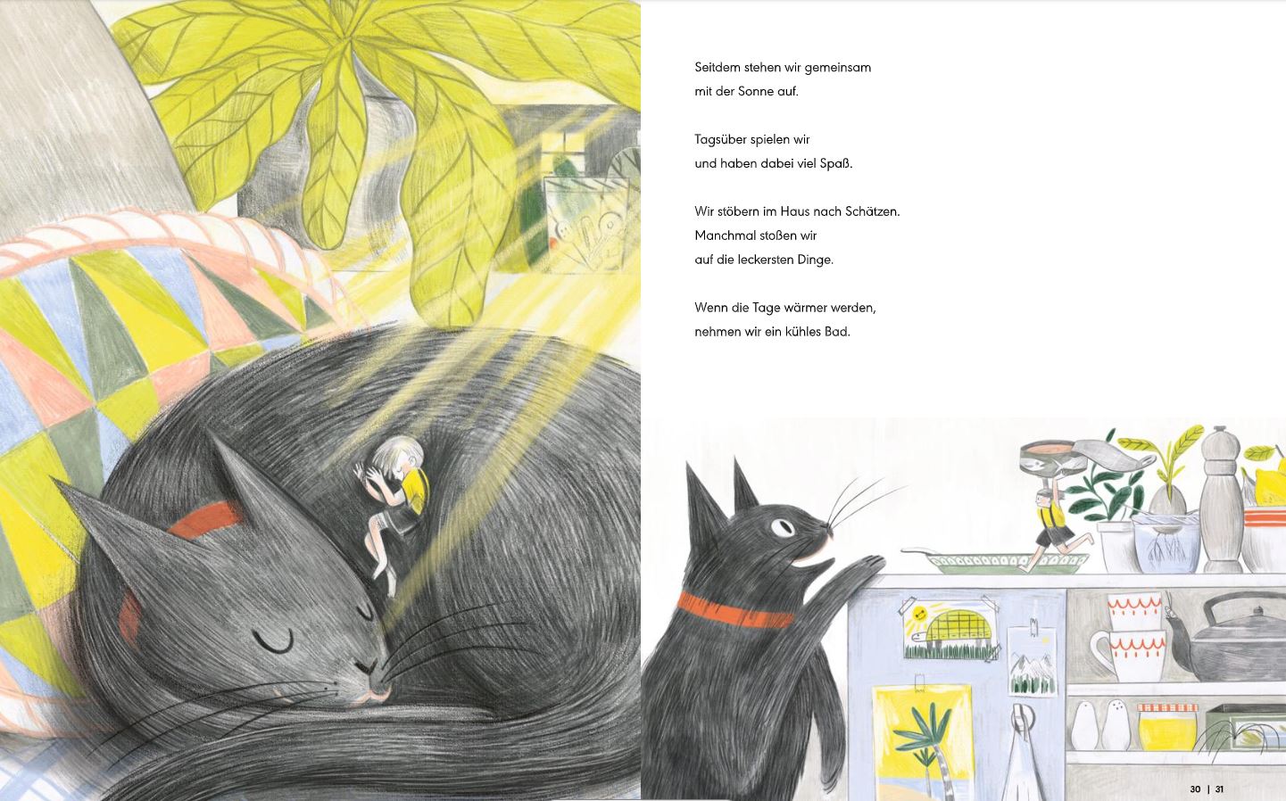 Illustration eines Kinderbuchs von nila kids, das ein gemütliches Wohnzimmer zeigt. Auf der linken Seite schläft eine schwarze Katze friedlich auf einem bunten Kissen, auf ihrem Rücken sitzt ein kleiner Vogel. Auf der rechten Seite schauen die Katze und der Vogel in einen Küchenschrank voller Geschirr und Pflanzen. Auf der rechten Seite ist deutscher Text vorhanden.

Produktname: Bilderbuchbande