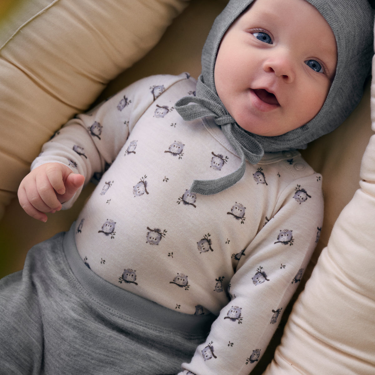 Winter Body Langarm Eulenprint Wolle/Bambus – Braun Melange